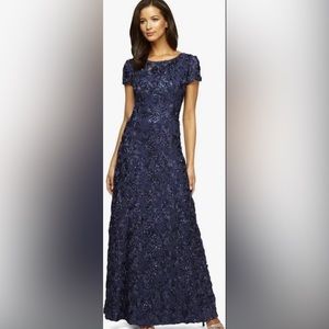 NWT Alex Evenings Sequined Floral Lace Ribbon Rosette Gown, Size 12